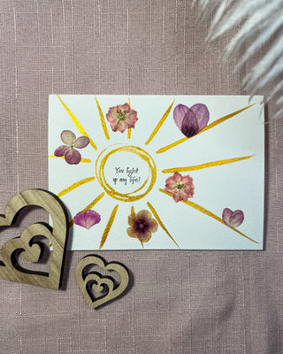 Hand-made Pressed Flower & Watercolour Card "You light up my life"