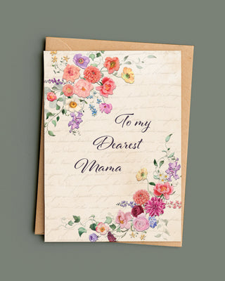 Greeting card with floral design and text 'To my Dearest Mama' on a gray background