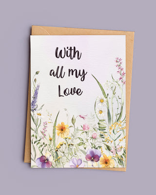 Greeting card with floral design and 'With all my Love' text on a gray background